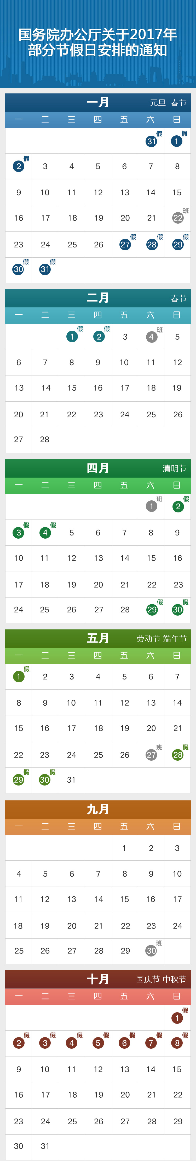 國(guó)辦發(fā)明電〔2016〕17號(hào)《國(guó)務(wù)院辦公廳關(guān)于2017年部分節(jié)假日安排的通知》【附日歷圖示】