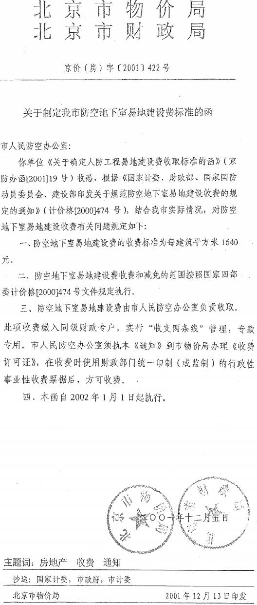 京價(jià)（房）字〔2001〕422號(hào)《北京市物價(jià)局北京市財(cái)政局關(guān)于制定我市防空地下室易地建設(shè)費(fèi)標(biāo)準(zhǔn)的函》