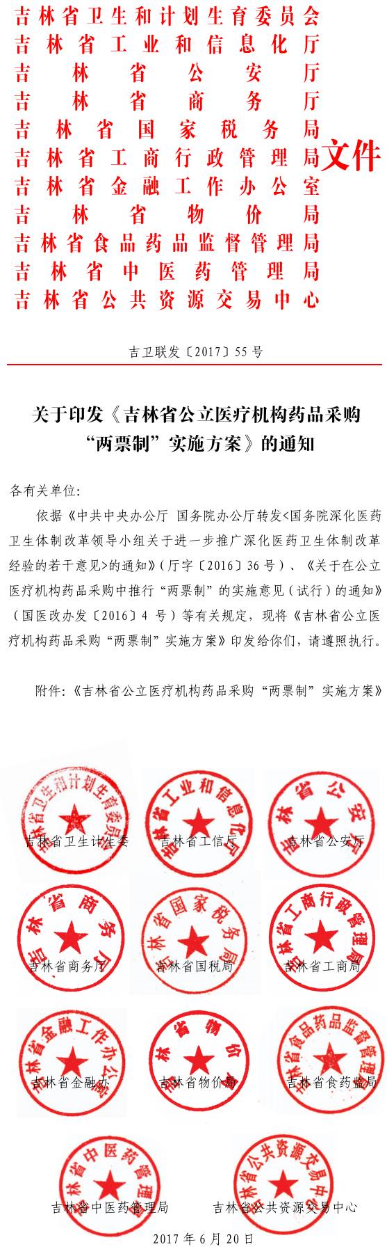 吉衛(wèi)聯(lián)發(fā)〔2017〕55號(hào) 關(guān)于印發(fā)《吉林省公立醫(yī)療機(jī)構(gòu)藥品采購(gòu)“兩票制”實(shí)施方案》的通知