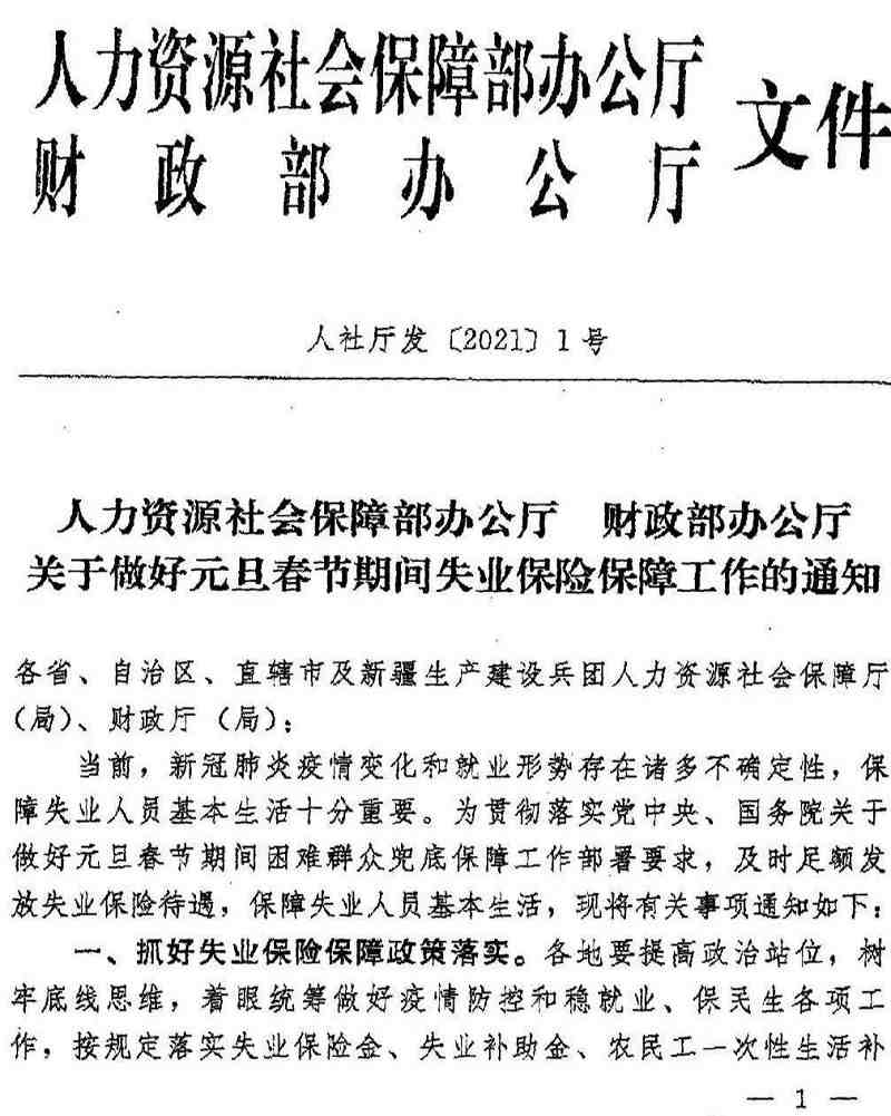 人社廳發(fā)〔2021〕1號(hào)《人力資源社會(huì)保障部辦公廳財(cái)政部辦公廳關(guān)于做好元旦春節(jié)期間失業(yè)保險(xiǎn)保障工作的通知》（1）